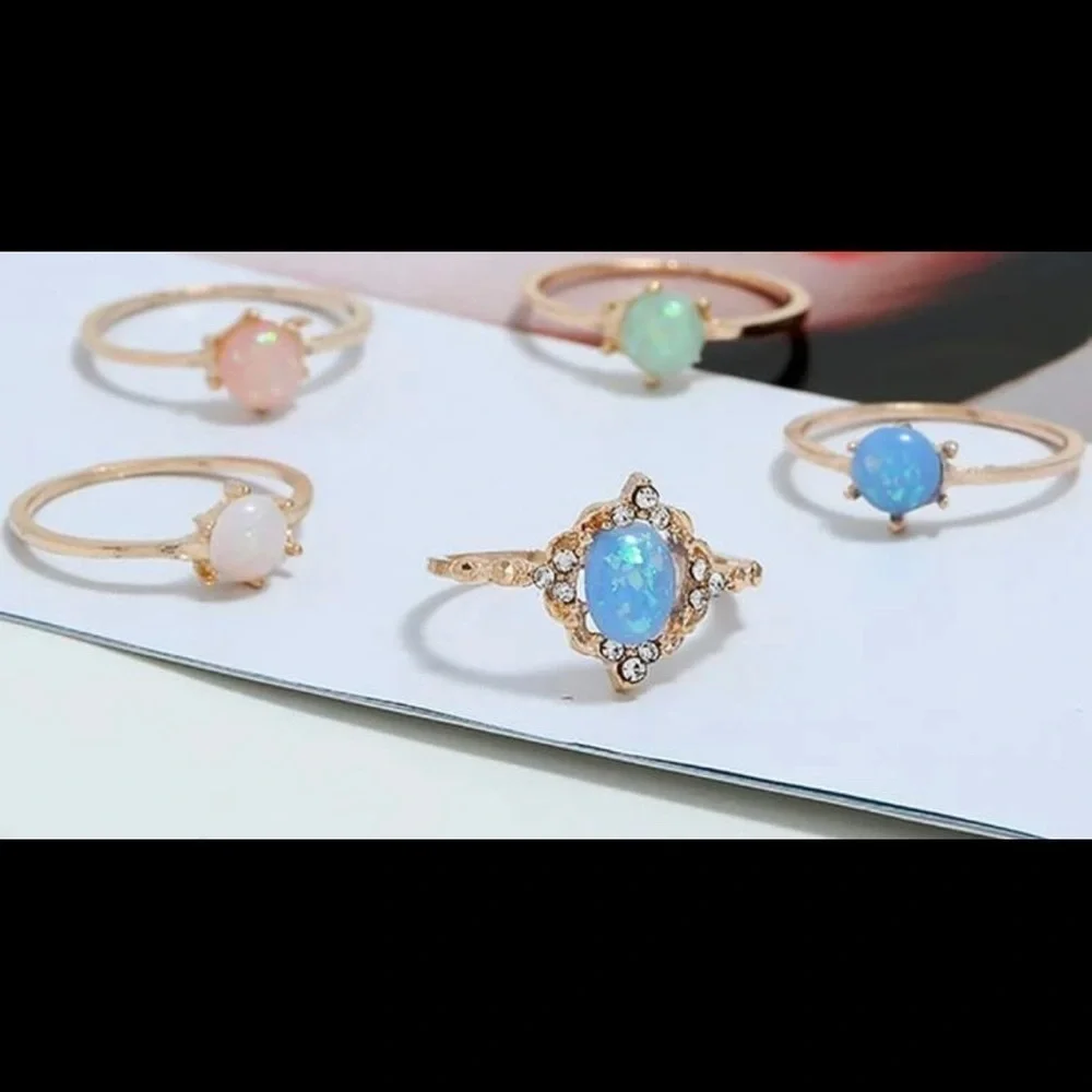 Opal Rhinestone Multicolored Pastel Stackable Rings - Picture 3 of 9